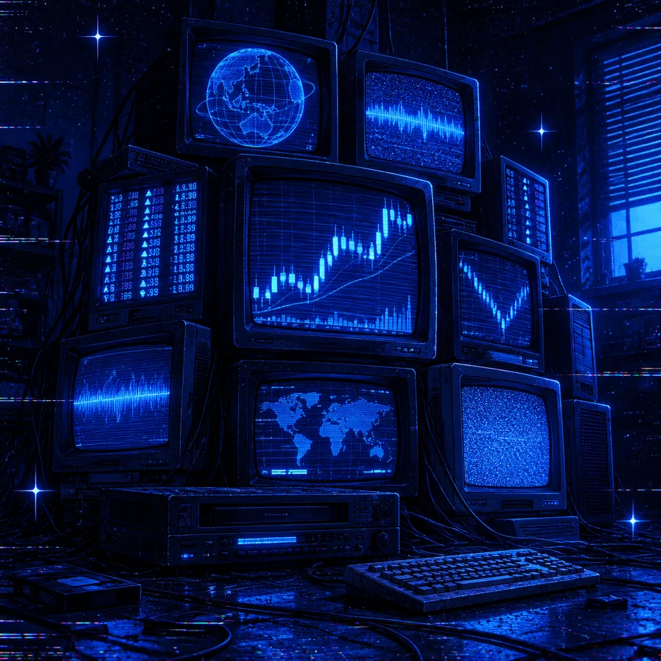 A stack of retro CRT monitors showing blue candlestick charts and a wireframe globe