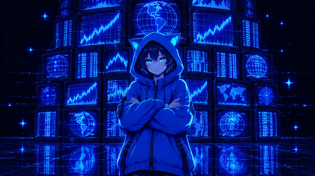 ArcStock character standing in front of a wall of screens showing global markets